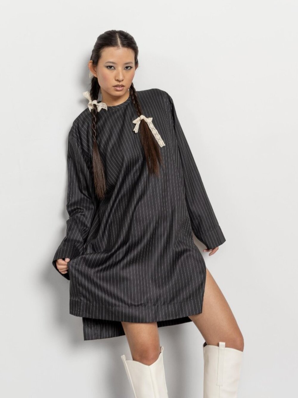 PIN STRIPE SHIRT Dress Vintage Minimalist Long Sleeve / Medium